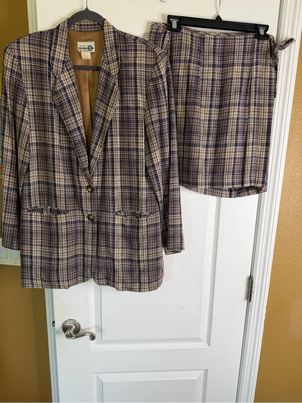 Paul Harris Vintage 90’s Plaid Blazer and Mini Wrap Skirt Set Brown/Navy M